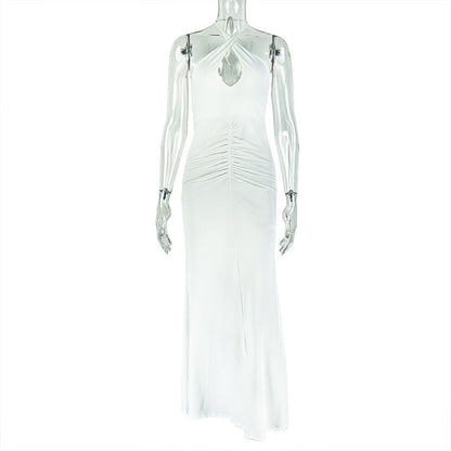 Vestido largo elegante de color liso para mujer, plisado, sin espalda, ajustado, con cuello halter cruzado