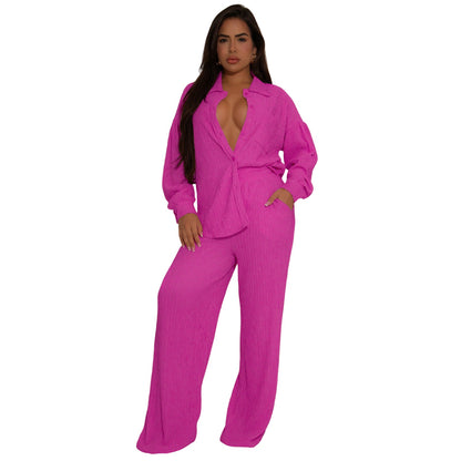 Women Elastic Crumpled Lace up Multi Pocket Swing Pants Wide Leg Pants Two Piece Sets