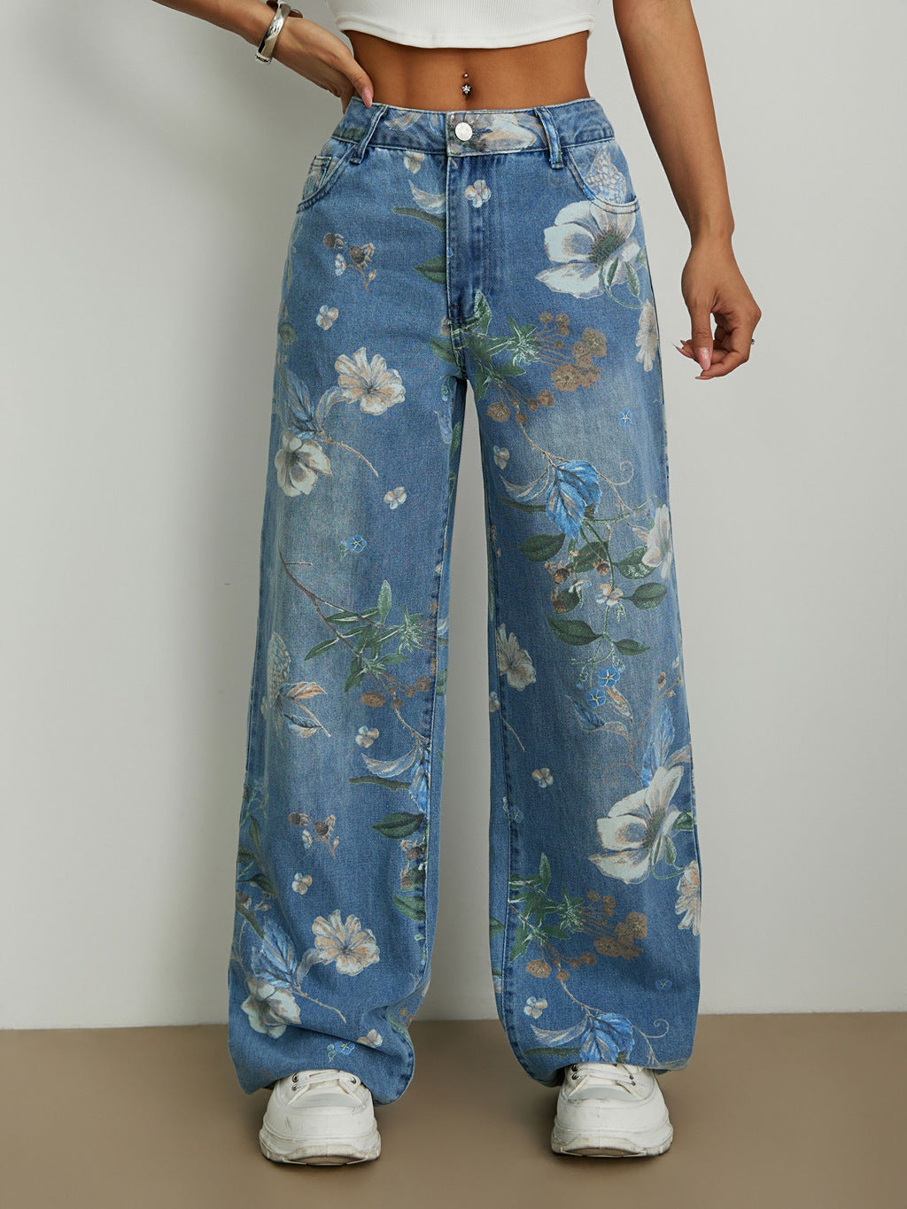 Street Trends Loose Straight Wide Leg Pants Printed Denim Trousers