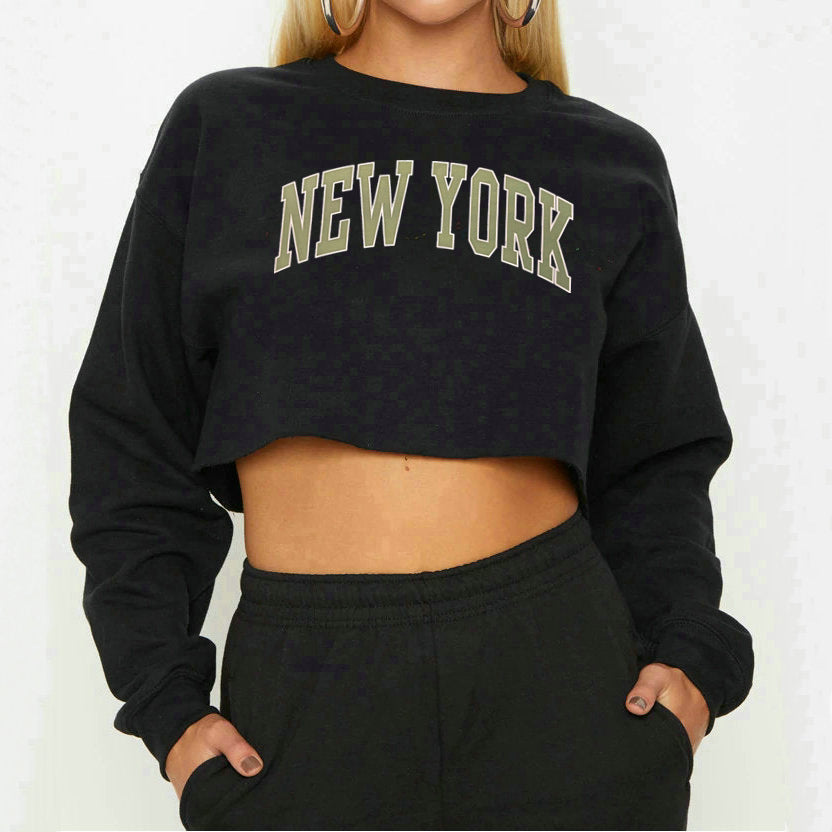 Women Clothing Autumn Winter York Letter Graphic Printing Short Loose Long Sleeves Sweatshirt