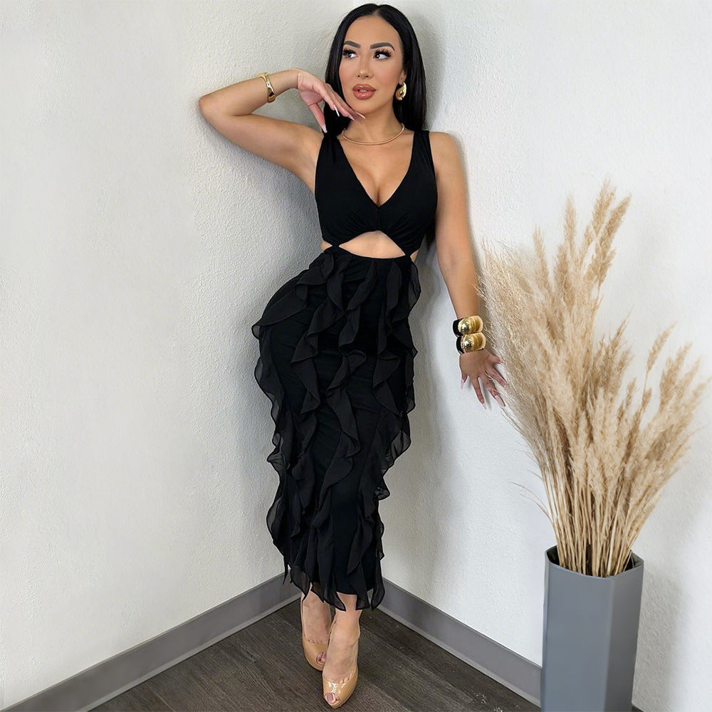 Women Clothing Sexy V neck Sleeveless Cut-out Ruffled Solid Color Split Dress