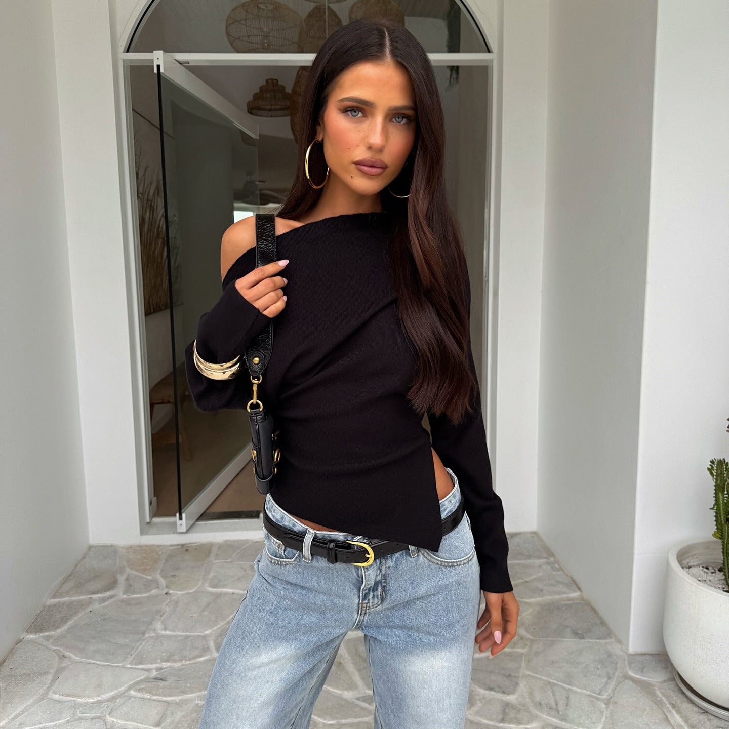 Tight Waist off the Shoulder T shirt Women Autumn Winter Pullover Dralon Bottoming Shirt Top