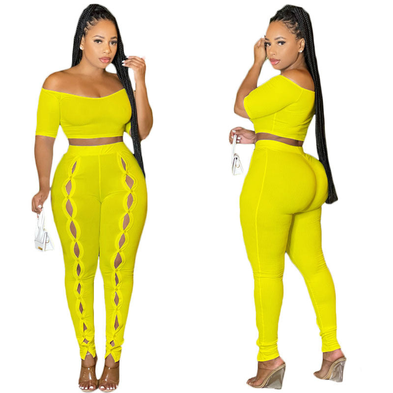 Women Clothing Summer Suit Sexy off the Shoulder Button Two Piece Pants