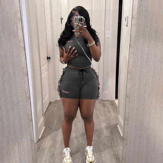 Spring Summer Sexy Slim Fit Short Embroidered Top High Waist Solid Color Shorts Set Women