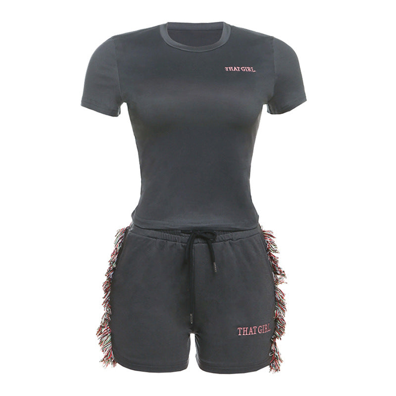 Spring Summer Sexy Slim Fit Short Embroidered Top High Waist Solid Color Shorts Set Women