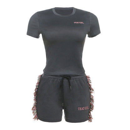 Spring Summer Sexy Slim Fit Short Embroidered Top High Waist Solid Color Shorts Set Women