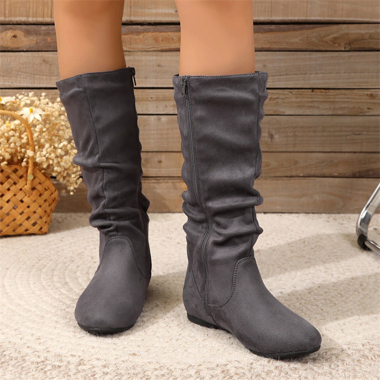 Pleated ide Zipper Flat Casual Women Boots Flat Boots Ankle Boots