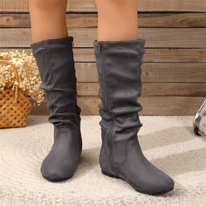 Pleated ide Zipper Flat Casual Women Boots Flat Boots Ankle Boots