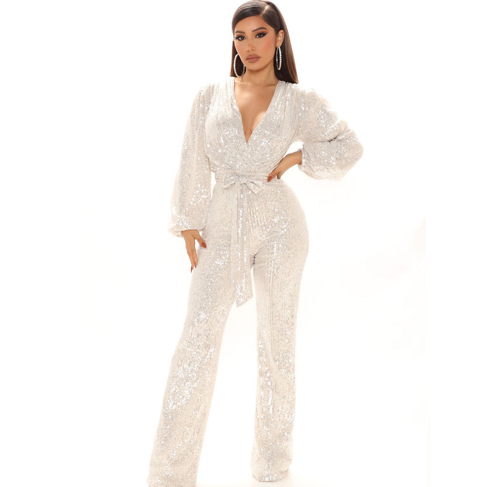 Fall High-End Women Sequ Deep V-neck Long Sleeve Jumpsuit Jumpsuit Trousers