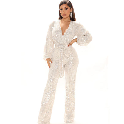 Fall High-End Women Sequ Deep V-neck Long Sleeve Jumpsuit Jumpsuit Trousers