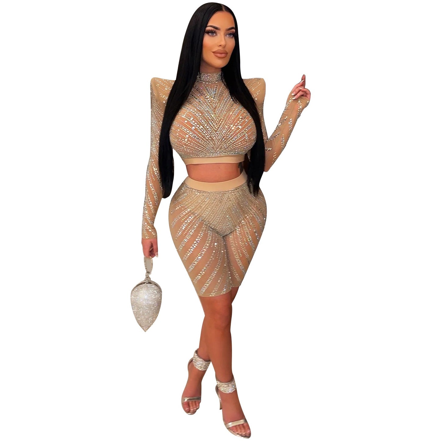 Summer Women Clothing Sexy Tight Mesh See through Long Sleeve Drilling Two Piece Set Rain Pants