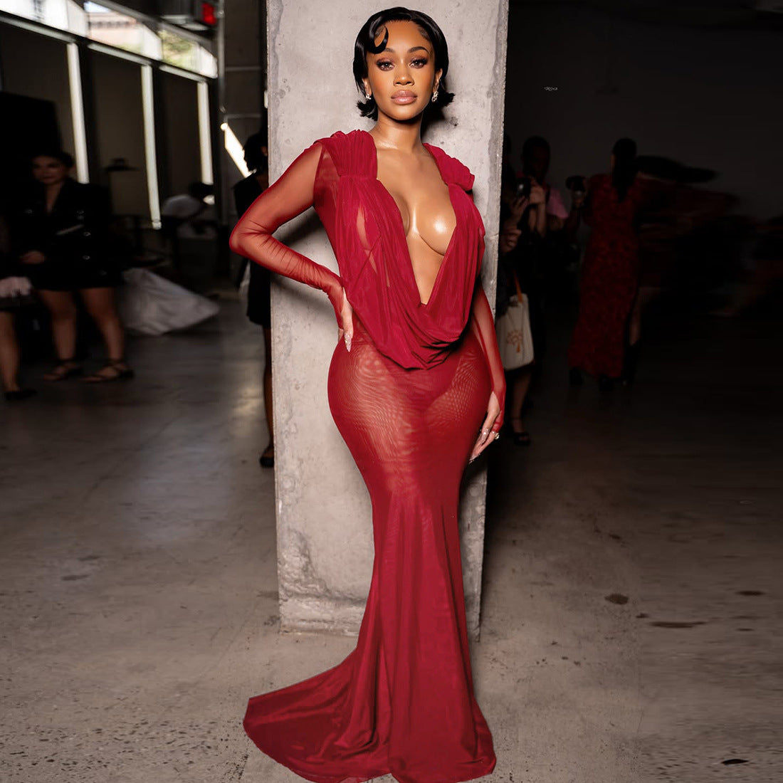 Autumn Winter Women Sexy Mesh See through Deep V Plunge neck Solid Color Slim Fit Long Sleeves Dress Women