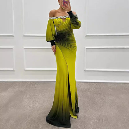 Vestido de fiesta informal con estampado de manga larga y hombros descubiertos para otoño e invierno para mujer