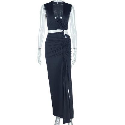 Women Clothing Solid Color Dress Oblique V neck off Shoulder Sleeveless Irregular Asymmetric Slit