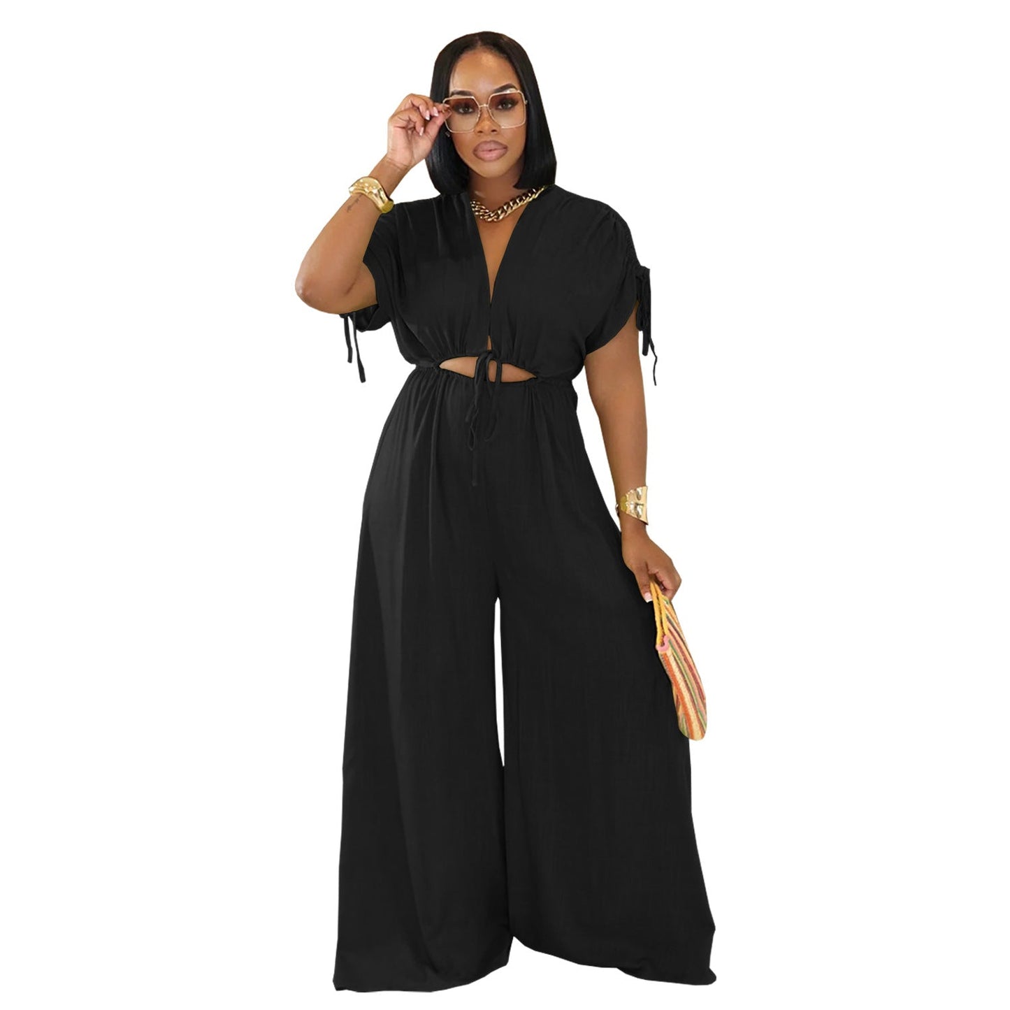 Women Wear Casual Solid Color V neck Lace up Wide Leg Jumpsuit