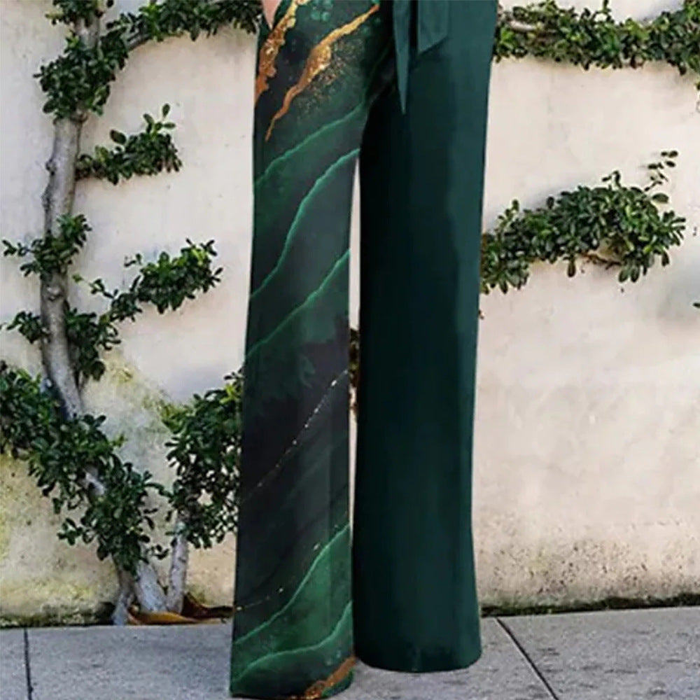 Autumn Winter Women Clothing Printed Long Sleeve Collared Loose Casual Jumpsuit