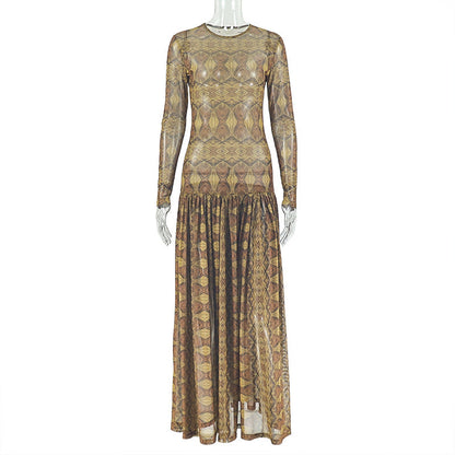 Elegant Retro Women Waist Slimming Micro Transparent A line Printing round Neck Long Sleeved Dress