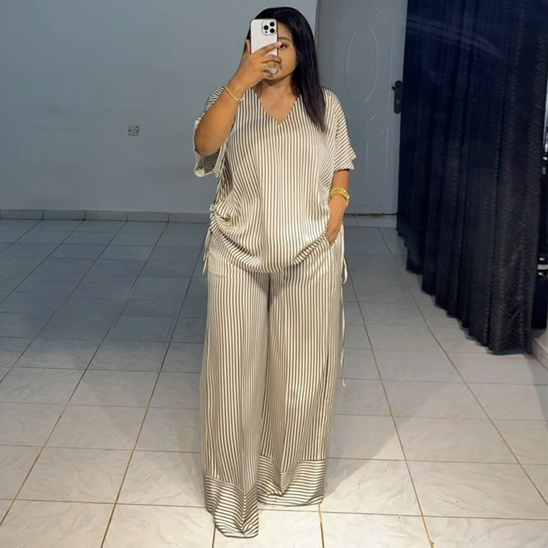 Women Clothing Summer Casual Loose V neck Striped Short Sleeve Top Wide Leg Trousers Two Piece Sets