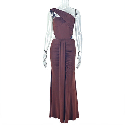 Elegant Women Pleated Solid Color Slim Hip One Shoulder Sexy Sleeveless Maxi Dress
