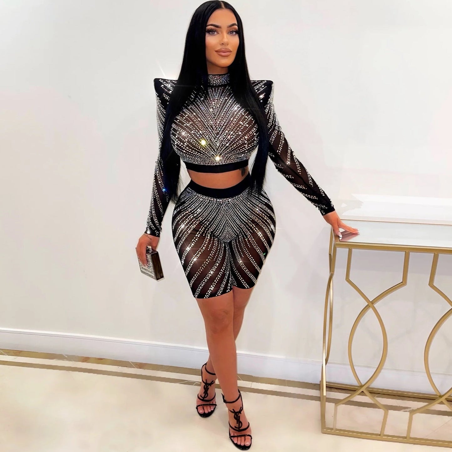 Summer Women Clothing Sexy Tight Mesh See through Long Sleeve Drilling Two Piece Set Rain Pants