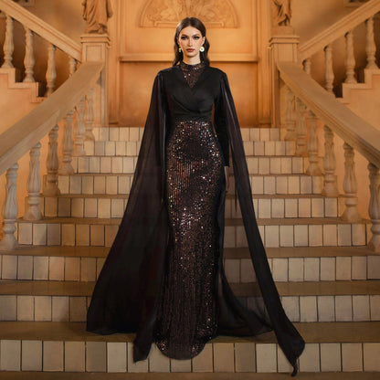 Middle East Women High End Long Sleeved round Neck Slim Fit Sheath Sequined Cocktail Evening Dress