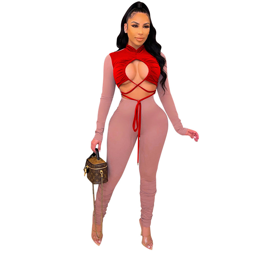 Autumn Winter Sexy Cutout Color Matching Lace up Long Sleeve Jumpsuit Women