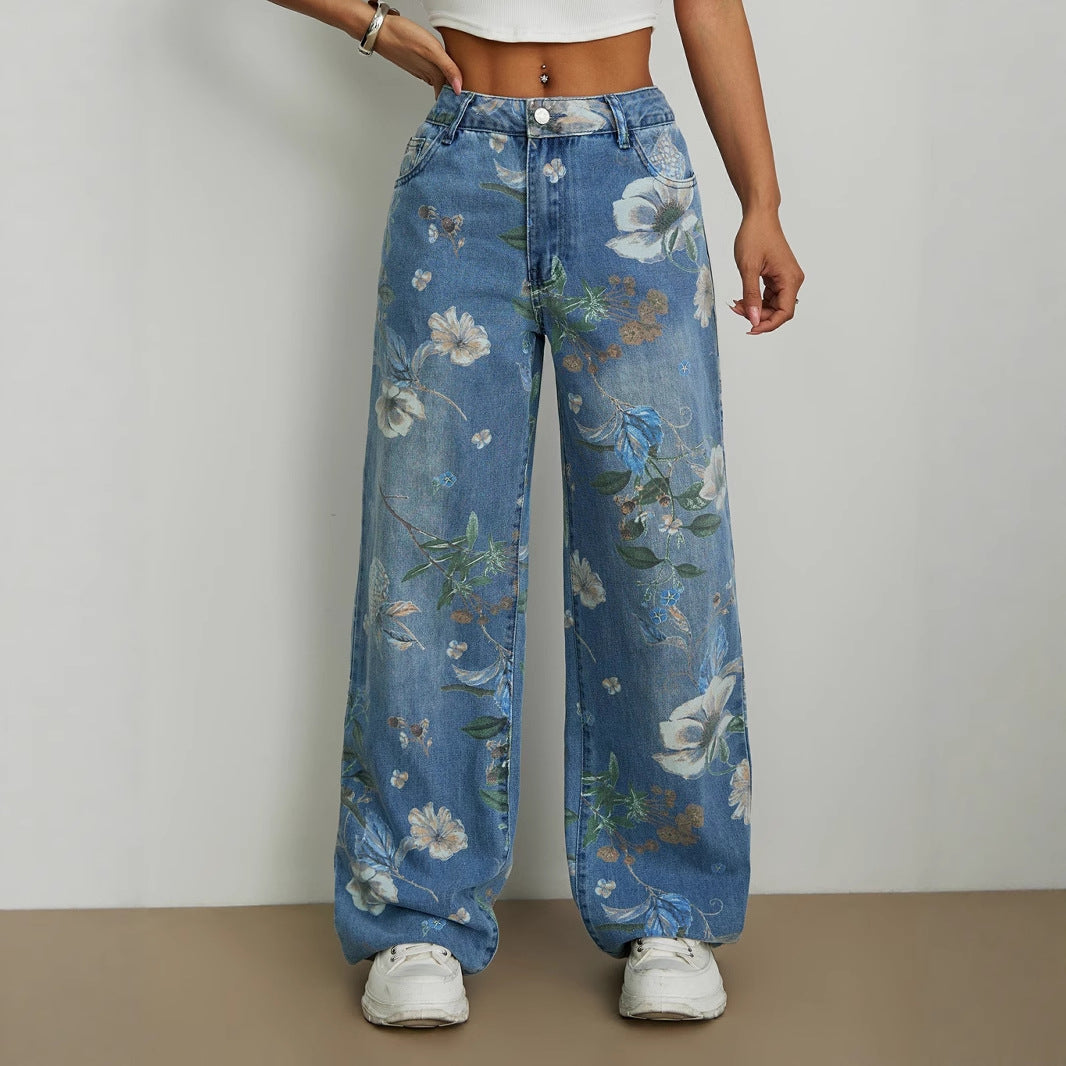 Street Trends Loose Straight Wide Leg Pants Printed Denim Trousers