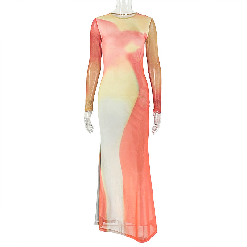 Women Clothing Color Matching Slimming Printed Hip round Neck Long Sleeve Pleated Party Dress