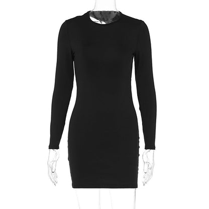 Women Clothing Summer Solid Color round Neck Backless Slim Fit Hip Bag Dress Sexy