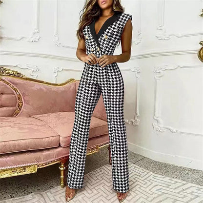 Spring Summer Women Clothing Color Matching Button V-neck Sleeveless Houndstooth Jumpsuit Business Wear for Women