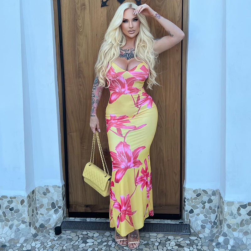 女士夏季印花V領露背吊帶性感連身裙