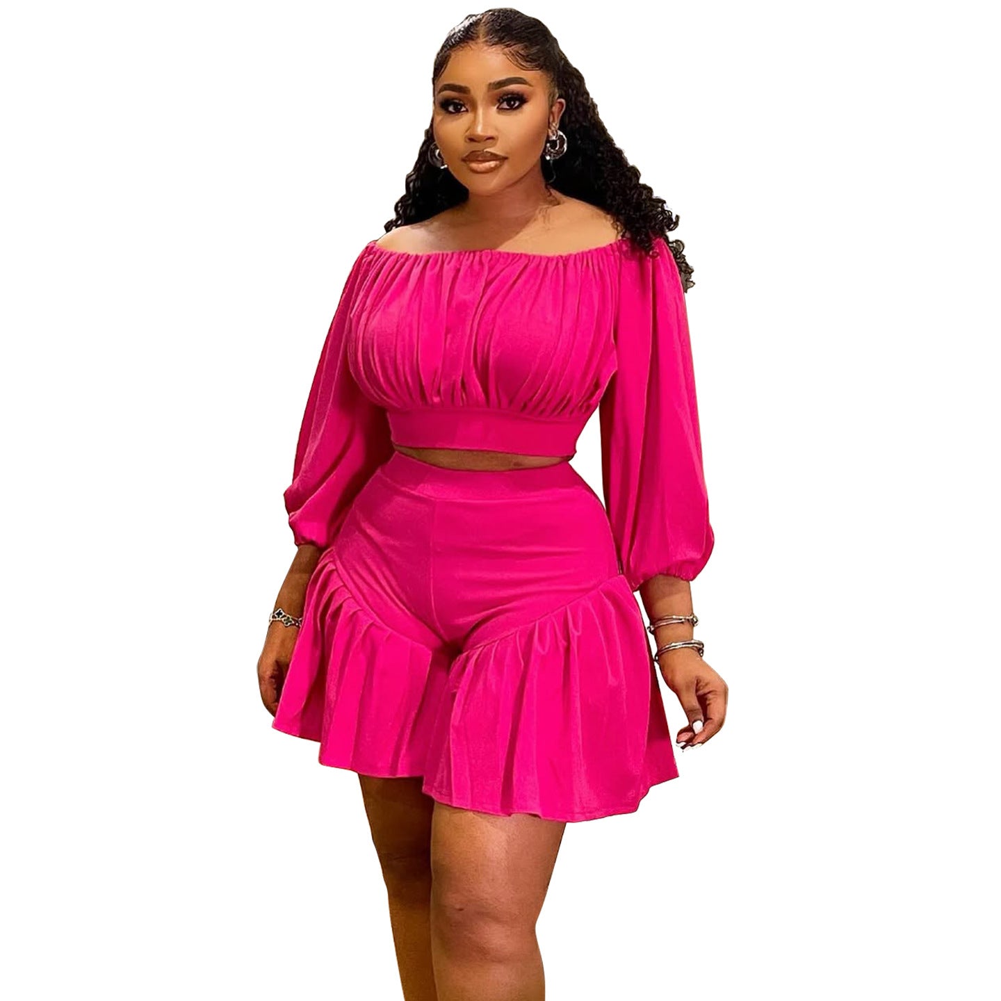 plus Size Women Clothing Pleated off Neck Fluffy Waist Trimming Casual Two Piece Sets