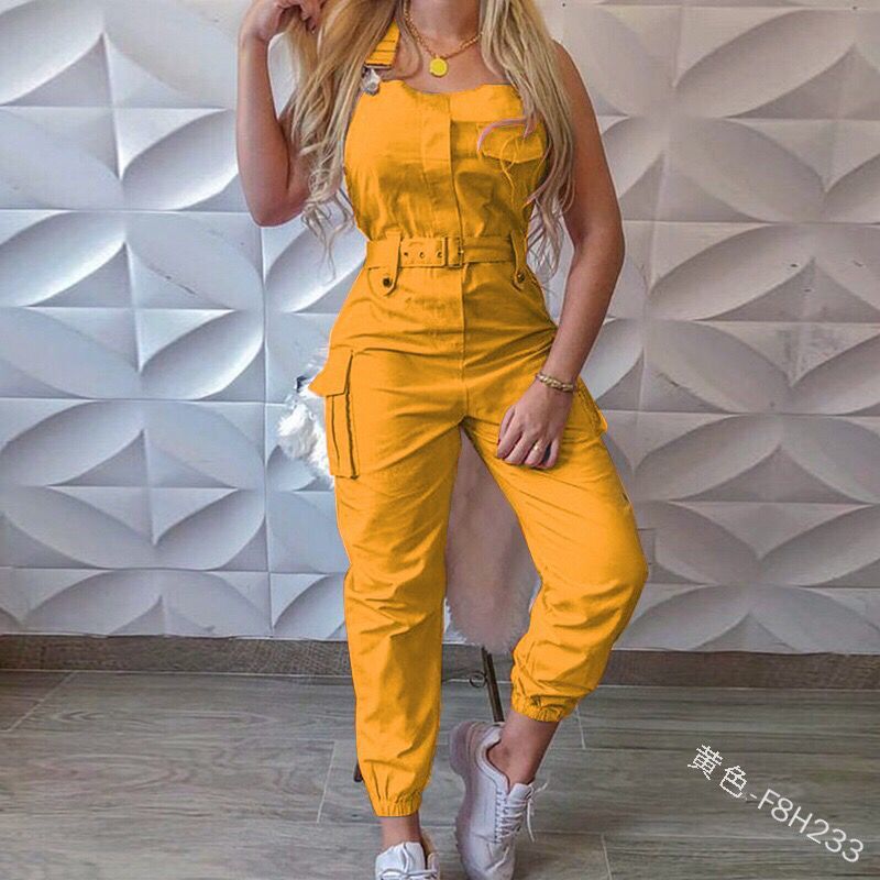 Women Workwear Belt Sleeveless Suspender Simple Ankle Banded Plus size Jumpsuit