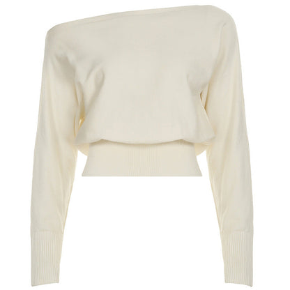 Gentle Diagonal Collar Loose Drawstring Slim Fit Solid Color Sweater Sexy Strapless All Matching Short Top