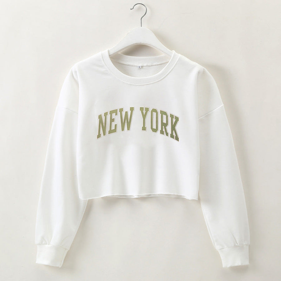 Women Clothing Autumn Winter York Letter Graphic Printing Short Loose Long Sleeves Sweatshirt