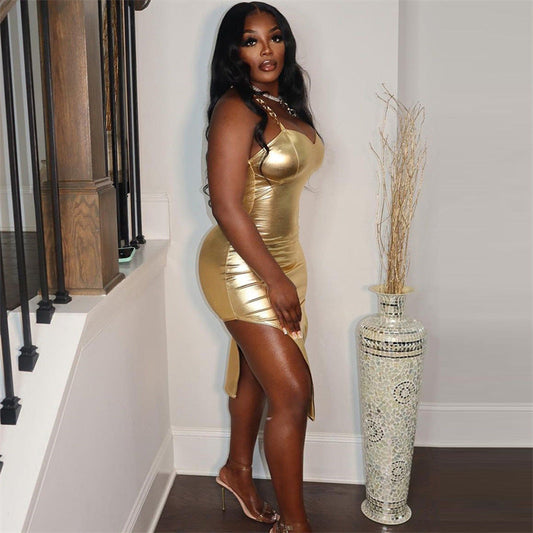 Women Clothing Autumn Bronzing Color Tube Top Sexy Waist Tight Hip Bag Irregular Asymmetric Spaghetti Strap Dress Women