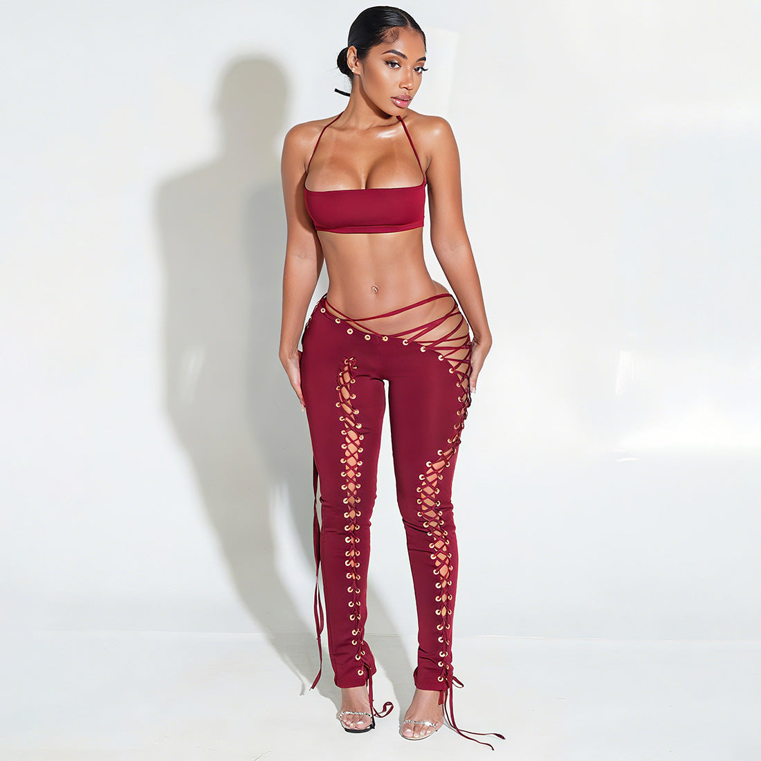 Women Sexy Lacing Vest Street Lace up Trousers Two Piece Set