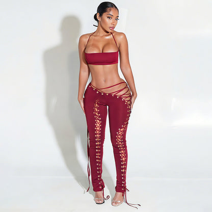 Women Sexy Lacing Vest Street Lace up Trousers Two Piece Set