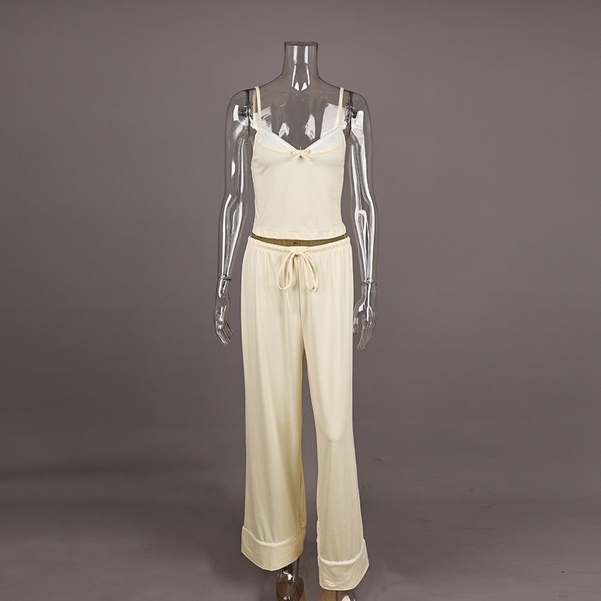 Patchwork Suspender Trousers Waist of Trousers Drawstring Bow Two Piece Sets Pajamas Casual Comfortable Homewear