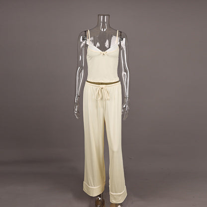 Patchwork Suspender Trousers Waist of Trousers Drawstring Bow Two Piece Sets Pajamas Casual Comfortable Homewear