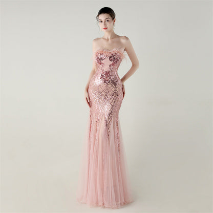 Sequin Beaded Tube Floral Ostrich Feather Tube Top Cross Strap Mesh Fishtail Evening Dress Cocktail Wedding