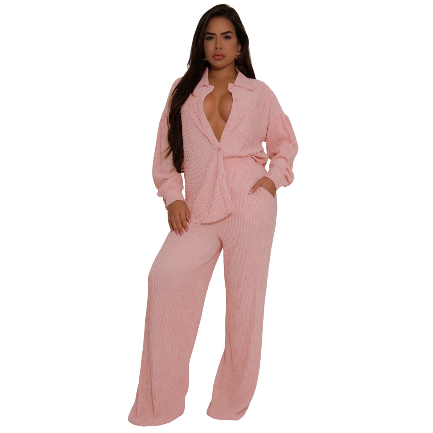 Women Elastic Crumpled Lace up Multi Pocket Swing Pants Wide Leg Pants Two Piece Sets