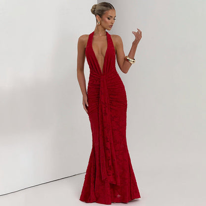 Lace Pleated Maxi Dress Women Sexy Deep V Plunge neck Backless Sheath Dress