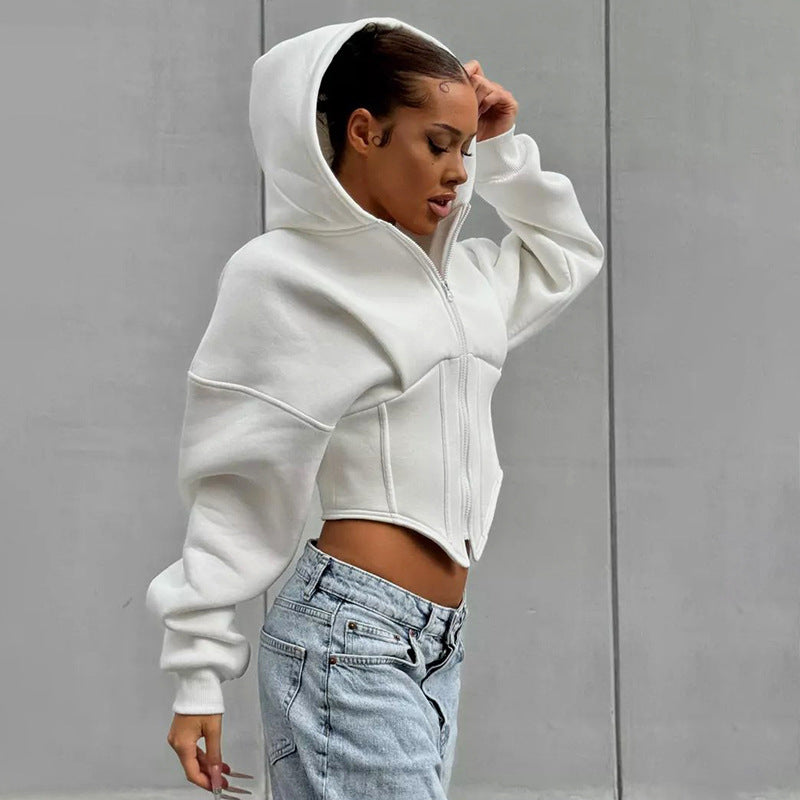 Women Autumn Winter Casual Zipper Long Sleeve Hooded Cardigan Cropped Coat Top