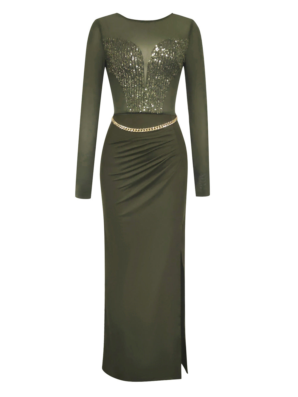 Simple Sexy Long Sleeve Mesh Sequ Side Slit Slim Dinner Wine