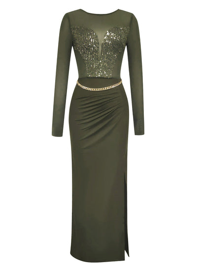 Simple Sexy Long Sleeve Mesh Sequ Side Slit Slim Dinner Wine