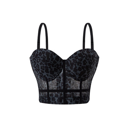 Sexy Leopard Print Stitching Bra Shoulder Straps High Grade Inner Mesh Lace See through Outer Wear Boning Corset Bra