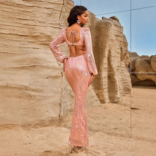 Women Evening Dresses Long Sleeve Beauty V neck Sexy Backless Dress Long Sequined Women Clothing Dress