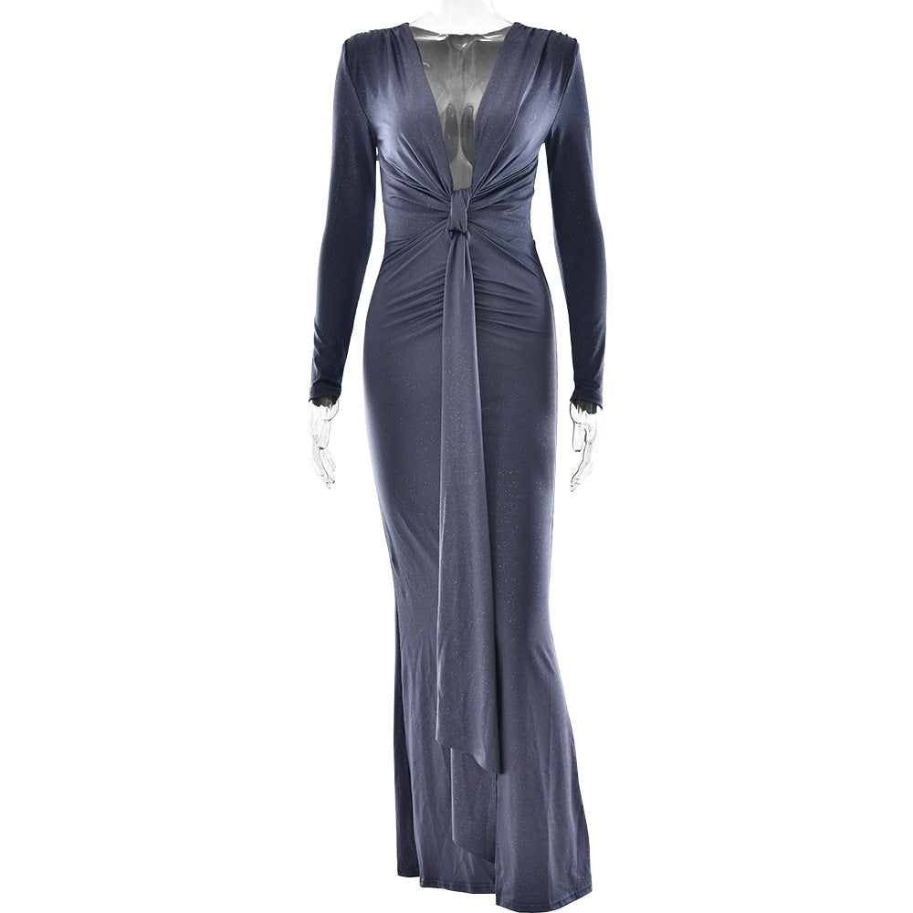 秋冬性感深V領緞帶連身裙，性感開衩修身連身裙