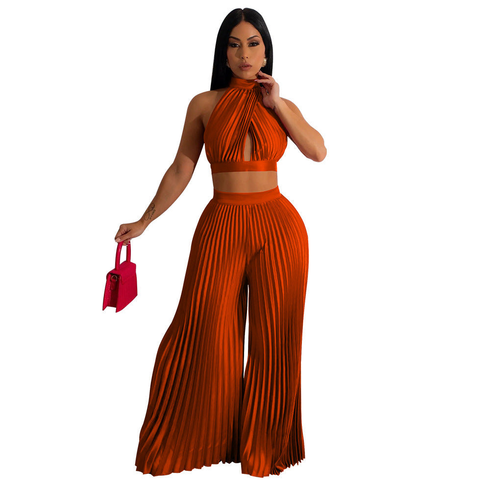 Women Clothing Halter Backless Artificial Silk Pleated Wide Leg Pants Two Piece Set